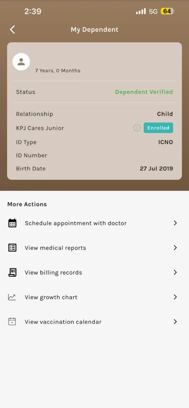 A dependent's detail screen showing verified status, KPJ Cares Junior enrolment and available actions
