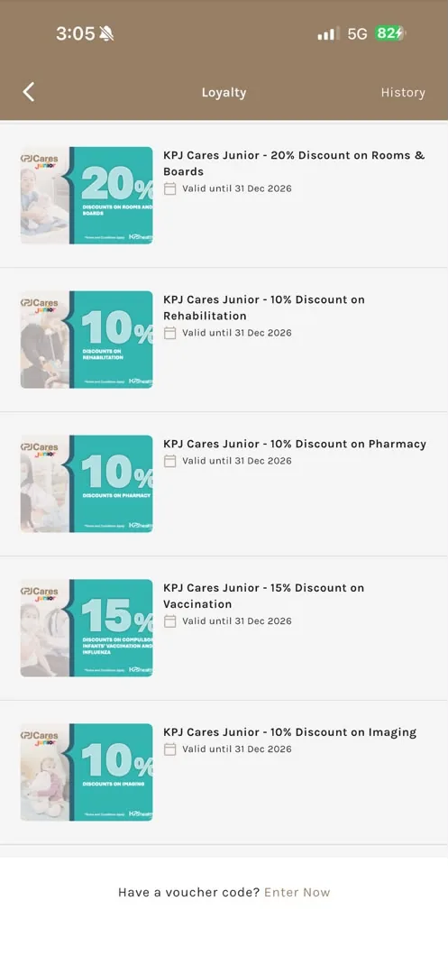 The voucher list showing five KPJ Cares Junior discount vouchers with validity dates
