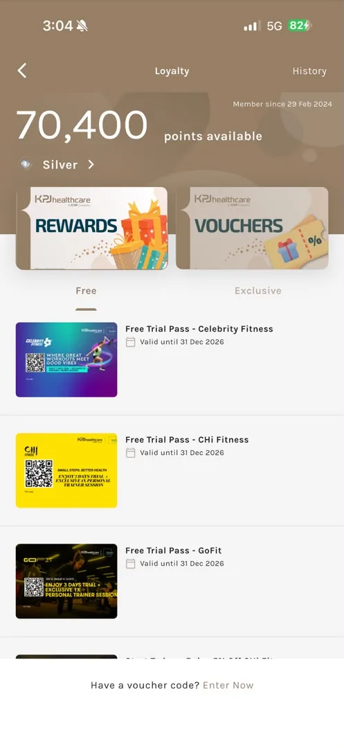 The Loyalty screen showing available points, tier and the Rewards and Vouchers tabs
