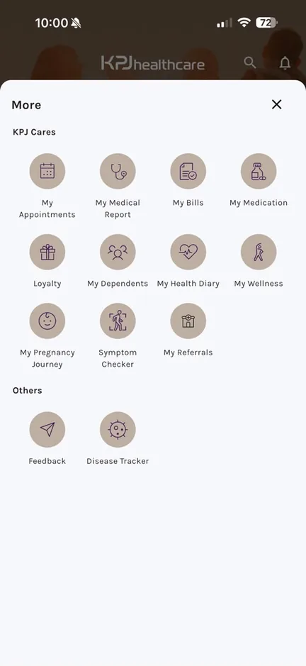 The KPJ Cares app More menu, showing My Appointments, My Dependents, Loyalty and other services