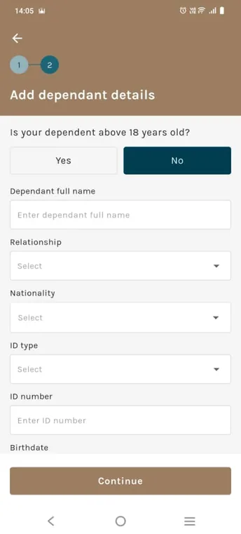 The Add dependant details form, asking for name, relationship and identification