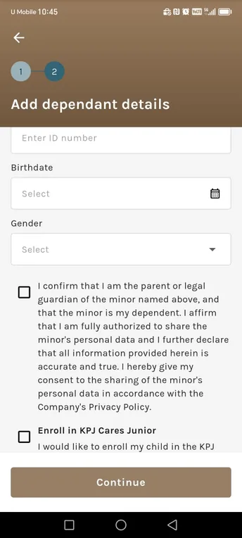 The consent step, with guardian declaration and the Enroll in KPJ Cares Junior option