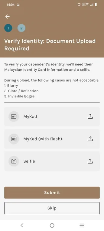 The identity document upload screen for dependent verification