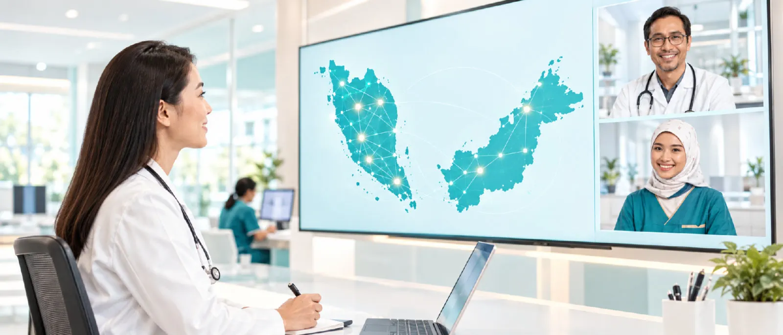 Clinician viewing a connected map of KPJ's hospital network across Malaysia