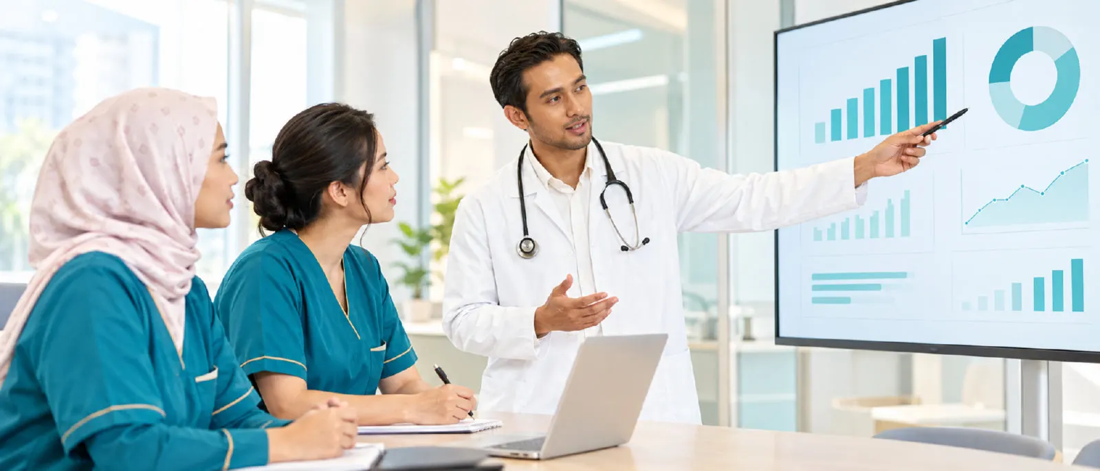 Doctor presenting clinical quality dashboards to two colleagues